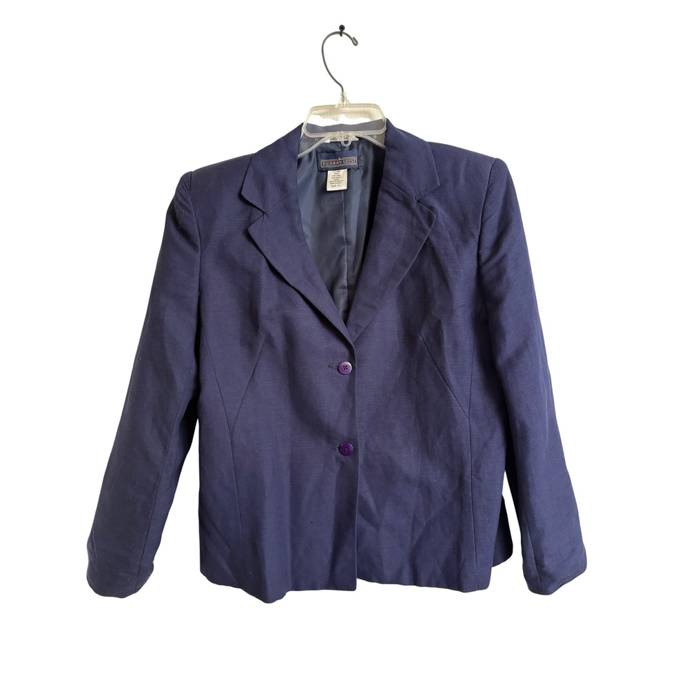 Herman Geist Navy Blue Linen Rayon Blend Two Button Blazer Women 12 Preppy